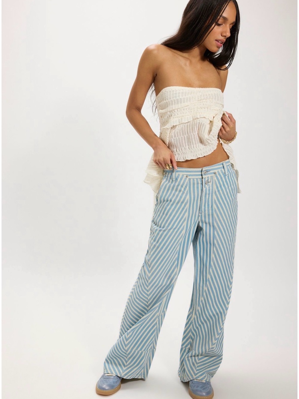 Free People Striped Wide-Leg Jeans in Light Blue and White